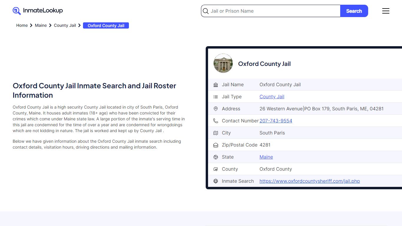 Oxford County Jail Inmate Search and Jail Roster Information